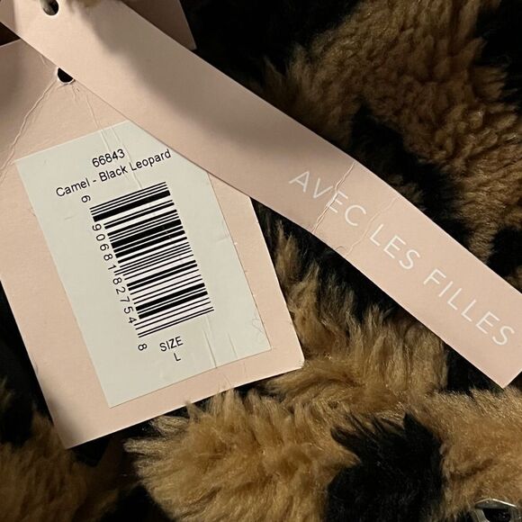 Avec Les Filles Womens Camel Black Leopard Faux Fur Coat Moto Jacket Large NWT - Picture 7 of 9